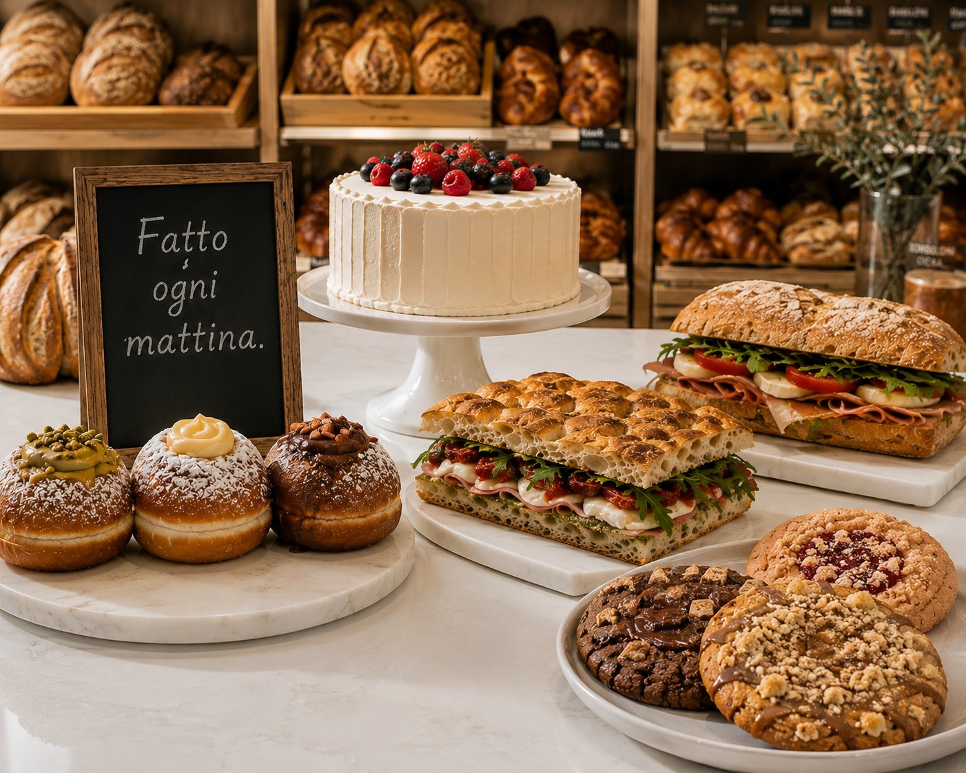 Bread, pastries, sandwiches and cookies laid out on the bakery counter