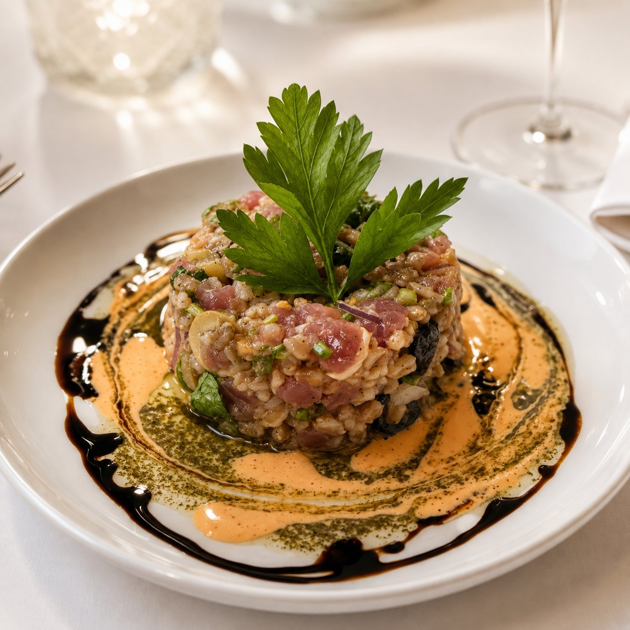 A plated dish in the trattoria dining room