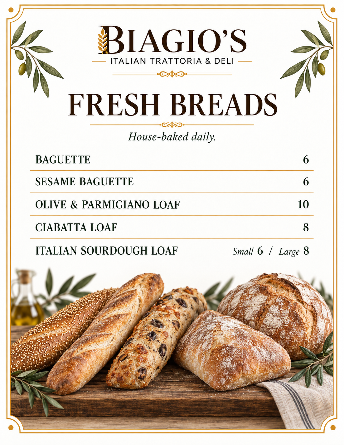 Biagio's fresh bread menu.