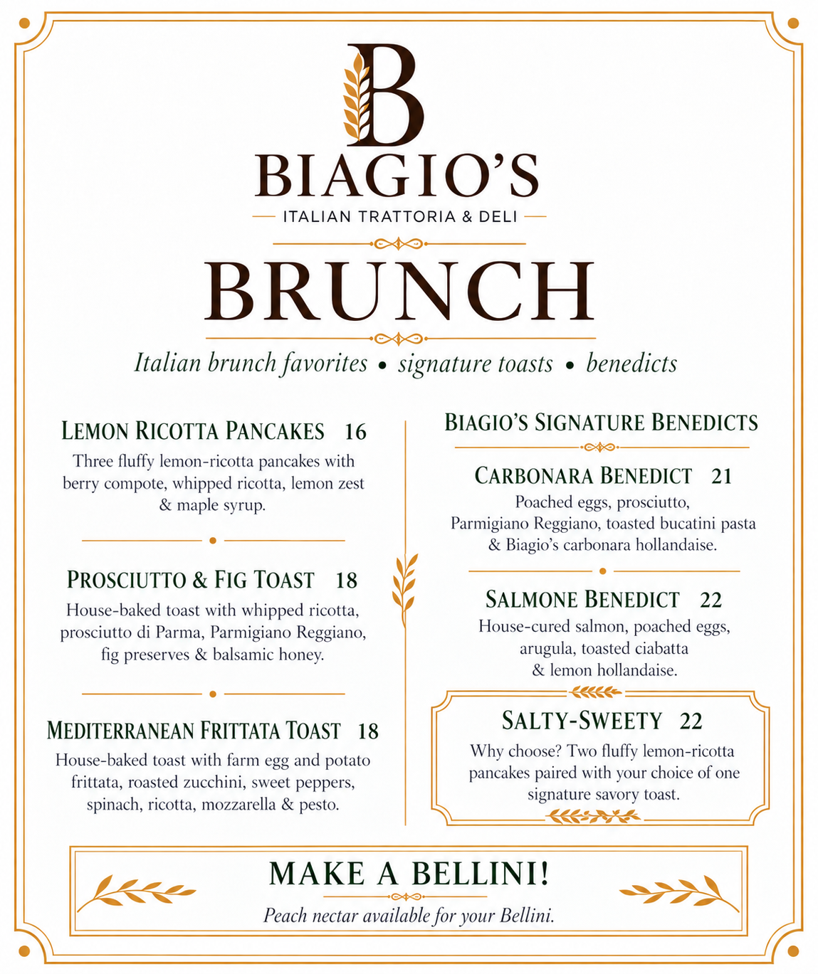 Biagio's brunch menu.