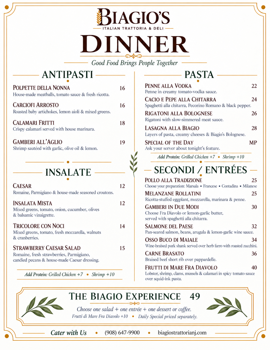 Biagio's dinner menu.
