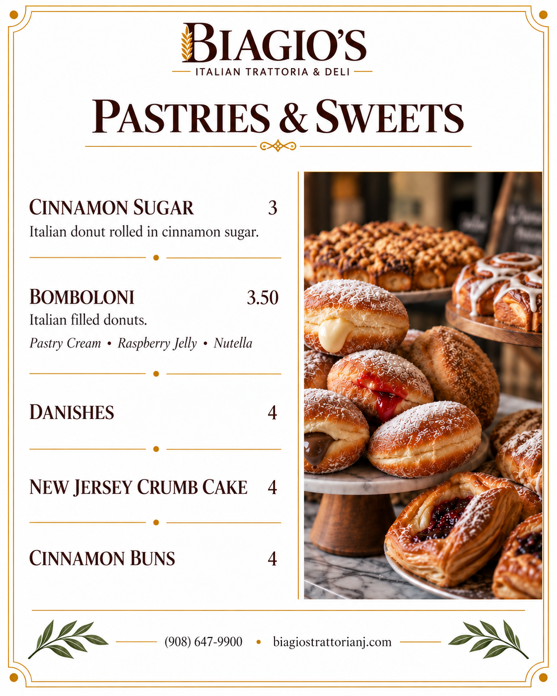Biagio's pastry menu.