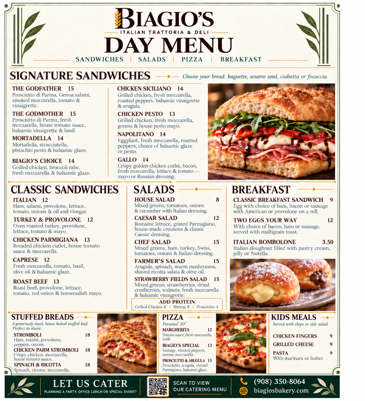 Biagio's day menu: signature and classic sandwiches, salads, breakfast, stuffed breads, pizza and kids meals.
